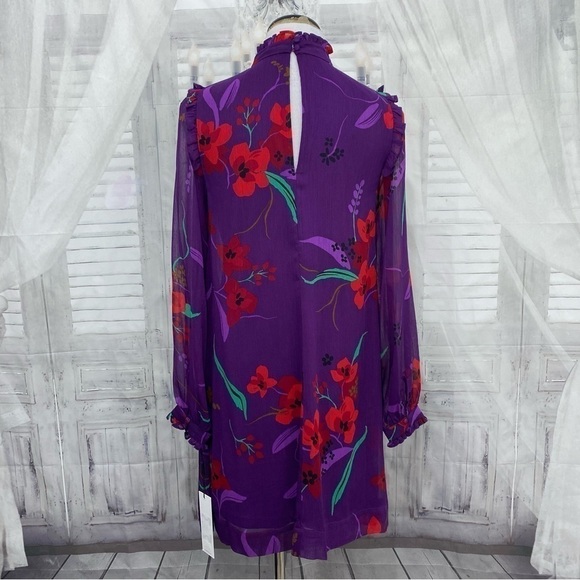 Calvin Klein Purple Red Floral Long Balloon Sleeve Mock Trapeze Above Knee Dress - Picture 10 of 12